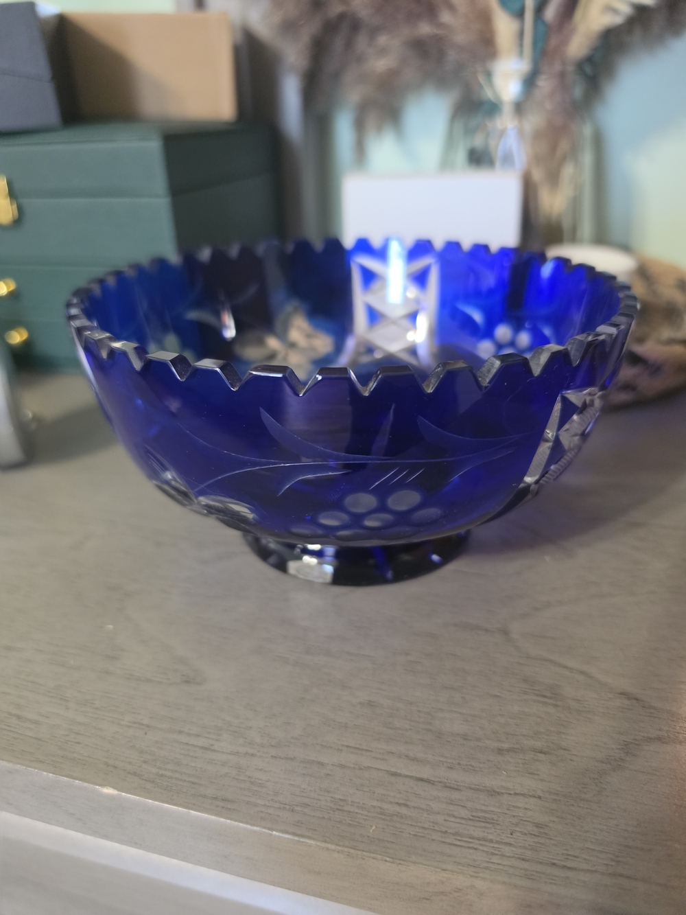 Deep Cobalt Cut Glass Decorative Bowl